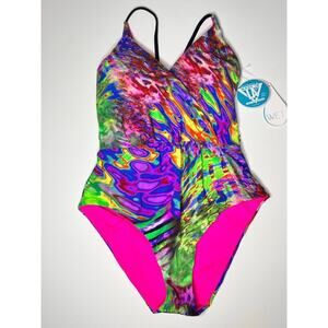 ☀️NWT WET Isla De Ibiza Elsa One Piece Swimsuit Lace-Up Back Neon Multi M